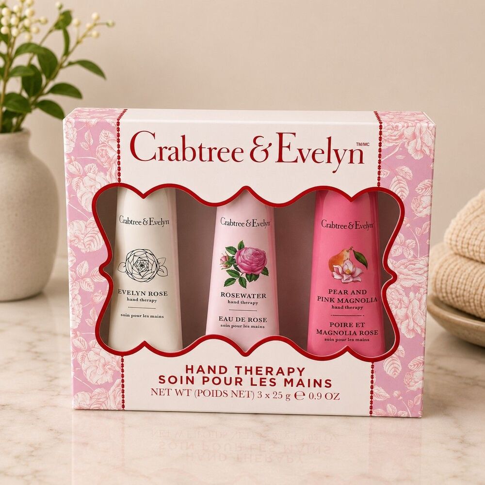 Crabtree & Evelyn 3pc Hand Therapy Gift Box Set Evelyn Rose, Rosewater, Magnolia